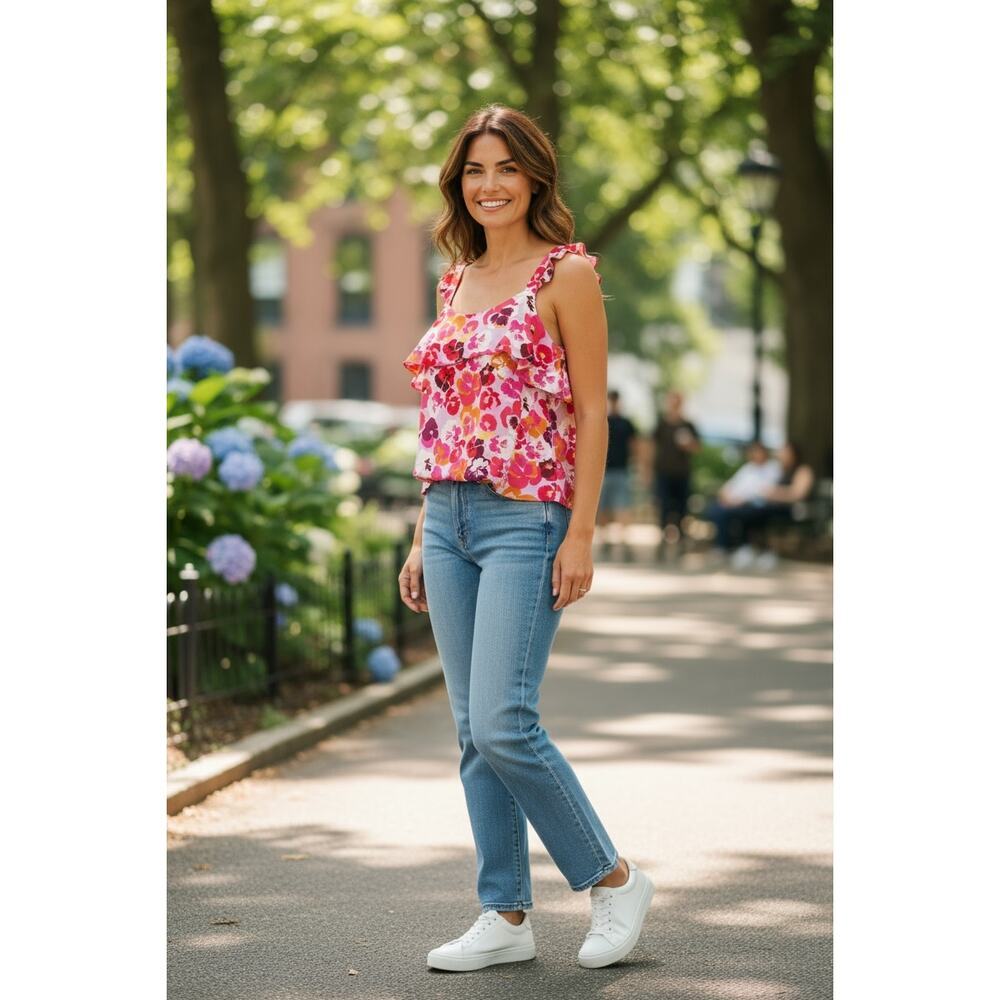 CABI Women's #5602 Footloose Pansies Ruffle Floral Pink Cami Tank Top Size Small